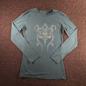 Faith Fleur De Liswomens Small Rhinestone Long Sleeve Shirt Teal Blue Y2K